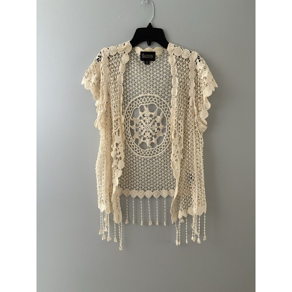 Mia Maddison Crochet Open Knit Fringed Cardigan Vest L Cream Hippie Granola